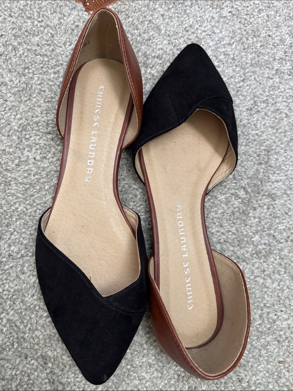 Chinese Laundry Black Suede and Brown Faux Leather D'Orsay Flats